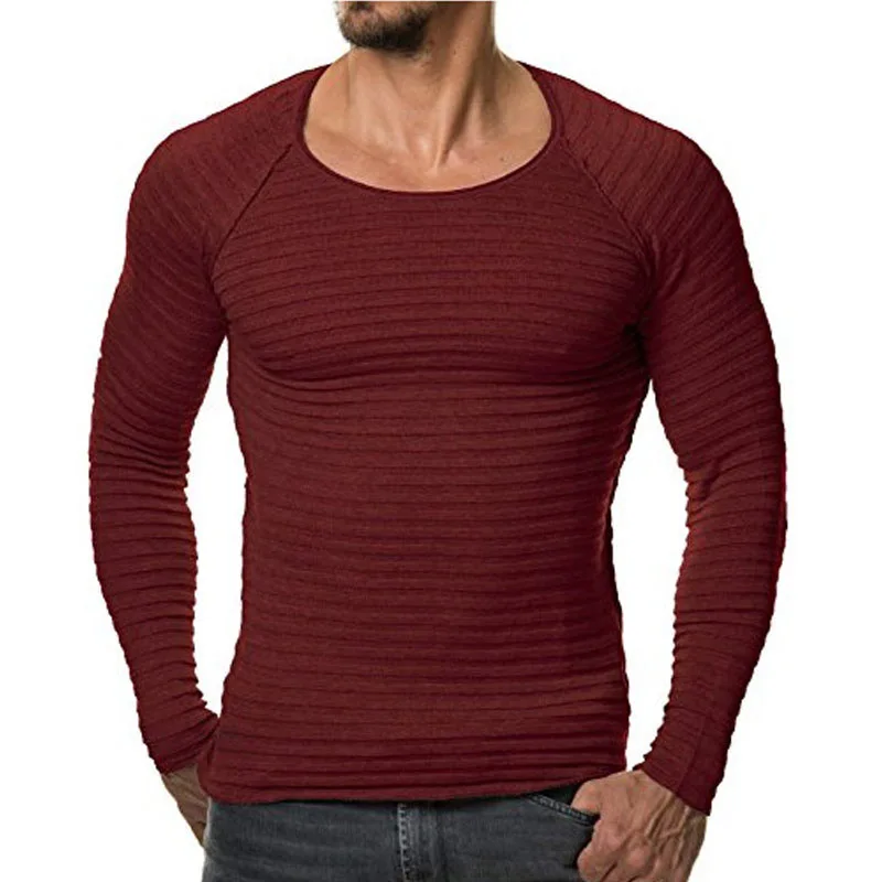 Men's Ribbed Long Sleeve Crew Neck Fitted T-Shirt - Olive Green Cas...