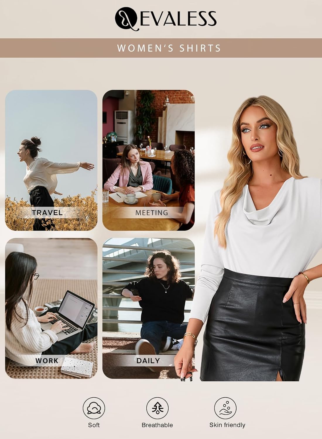 EVALESS Womens Tops Trendy 2026 Fall Cowl Neck Shirts Long Sleeve Teacher Clothes Office Business Dressy Casual Outfits — ChinaHub