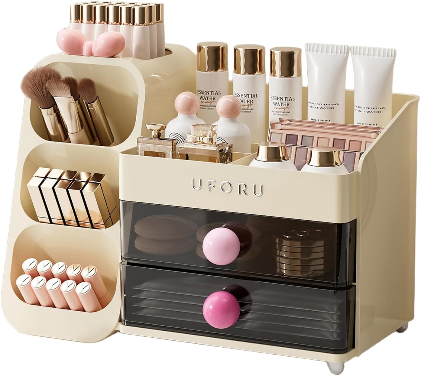 Makeup Organizer for Vanity with Brush Holder, Countertop Skincare Organizer with 2 Drawers, Spacious Cosmetic Display Case for Perfumes, Eyeshadow Palettes, Nail Polishes — ChinaHub