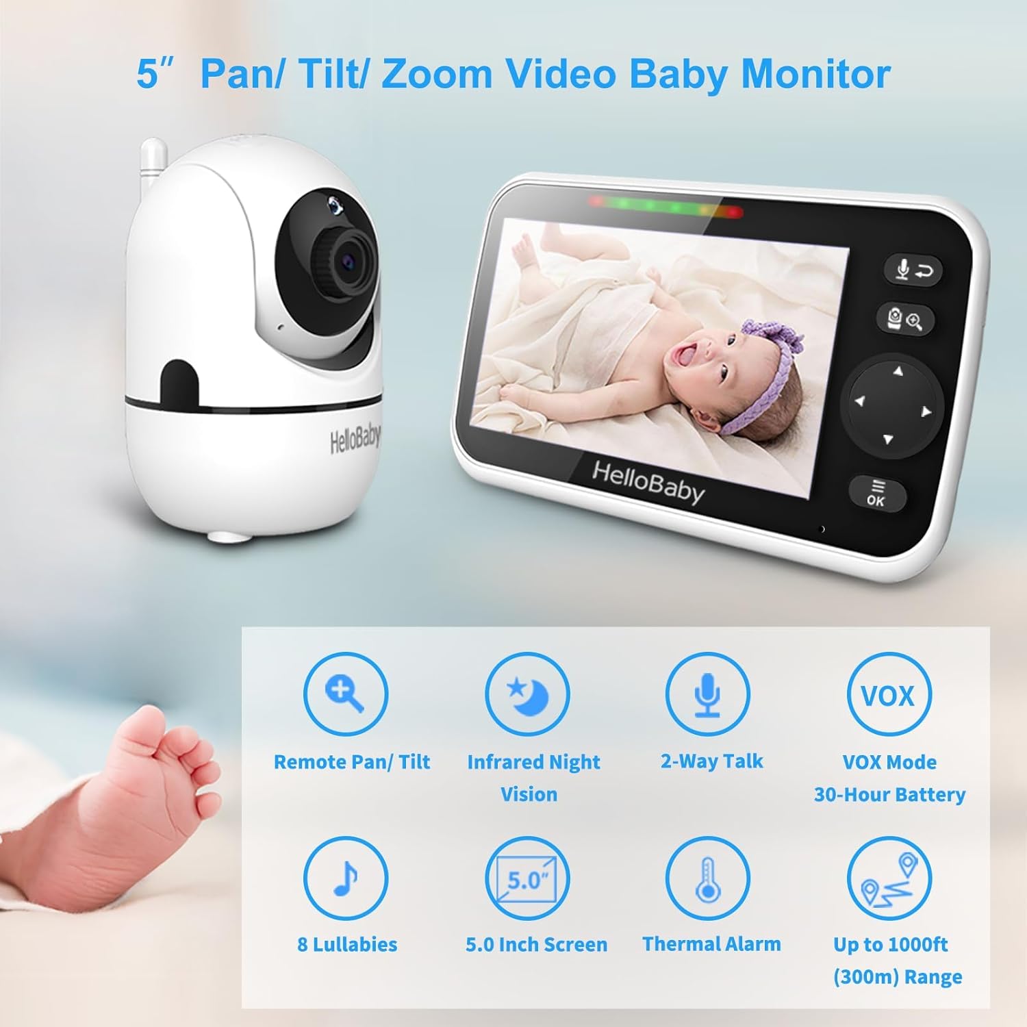 HelloBaby No WiFi Baby Monitor 5&amp;#34; Screen 30-Hour Battery Pan-Ti...