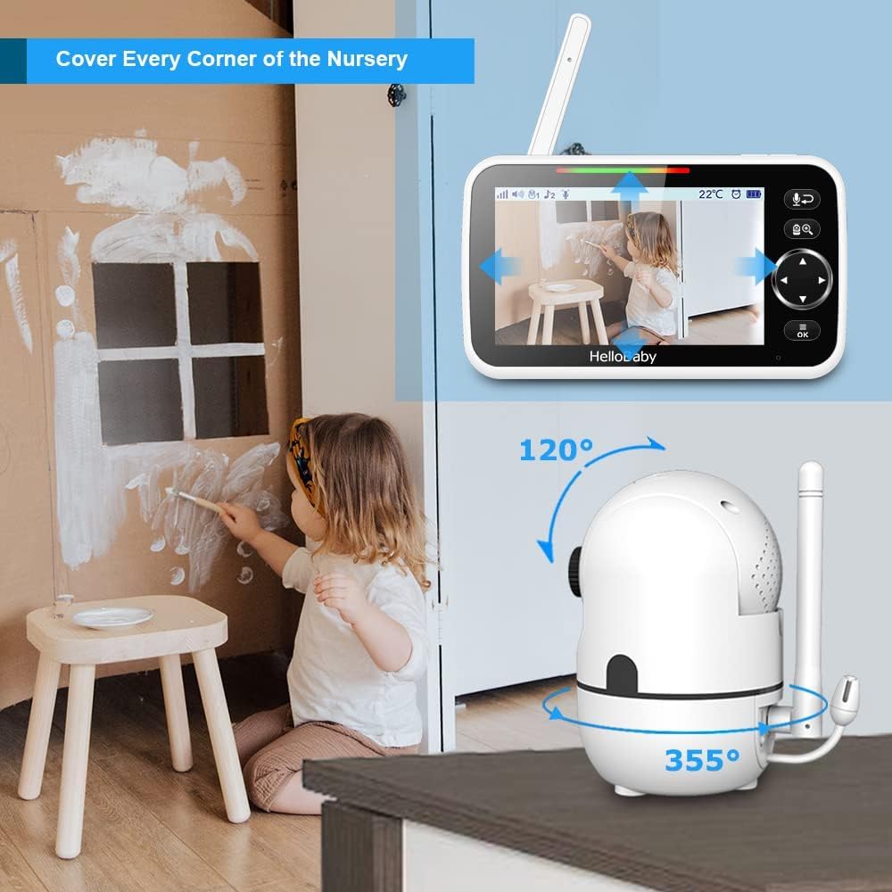 HelloBaby No WiFi Baby Monitor 5&amp;#34; Screen 30-Hour Battery Pan-Ti...